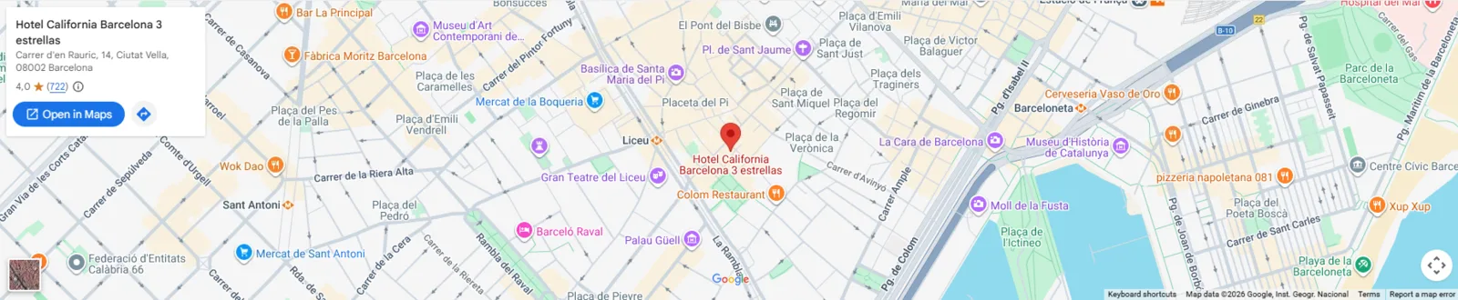 Location map: Hotel California Barcelona 3 stars, C/ Rauric 14, Ciutat Vella, Barcelona